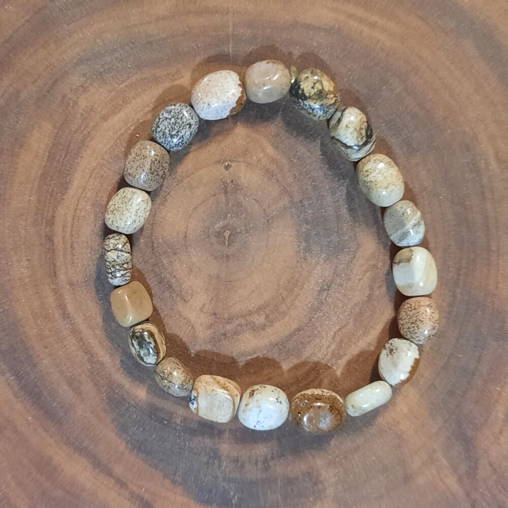 Artisan Picture Jasper Pebble Bracelet Earthy Stretch Boho Beaded Gemstone NEW